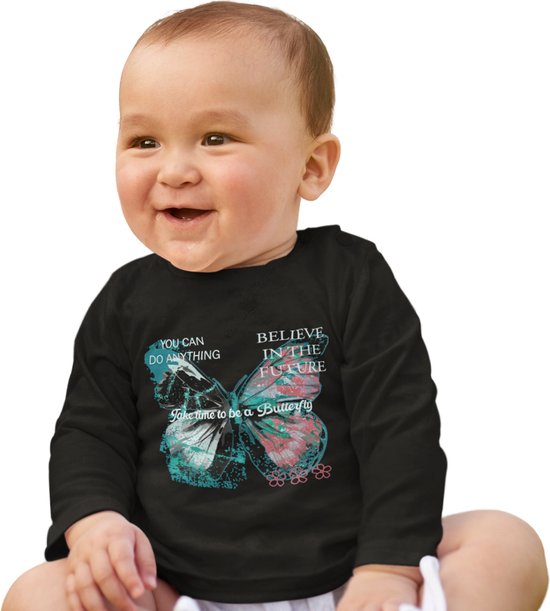 Baby t shirt met vlinder print en tekst Zwart Lange mouw Maat 74 80. bol