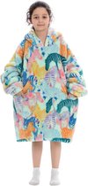 Zebra fleece hoodie deken met mouwen kind – fleece poncho kind – plaid met mouwen - kids 8/12 jaar – maat 134/158 – lengte 75 cm - chillen – Warm & zacht – relax outfit kids – multicolor - Badrock