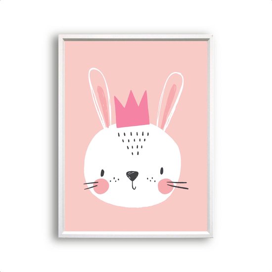 Design Poster Konijn de Koningin - Roze / Dieren poster / kinder - Babykamer / 70x50cm - PosterCity