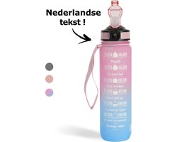 Lacardia Nederlandse Motivatie Waterfles roze blauw 'Nederlandse Tekst' - Drinkfles met rietje - Waterfles 1 liter - Waterfles met tijdmarkering