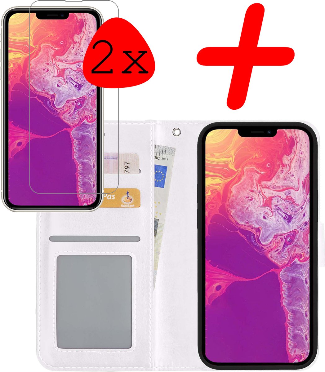 Hoesje Met 2x Screenprotector - Geschikt voor Apple iPhone 14 Plus - Luxe Pasjeshouder - Bookcase Portemonee - Flip Case - Kunstleer Book Case - Flipcase Hoes - Book Cover - Walletcase - Portemonneehoes - Wit