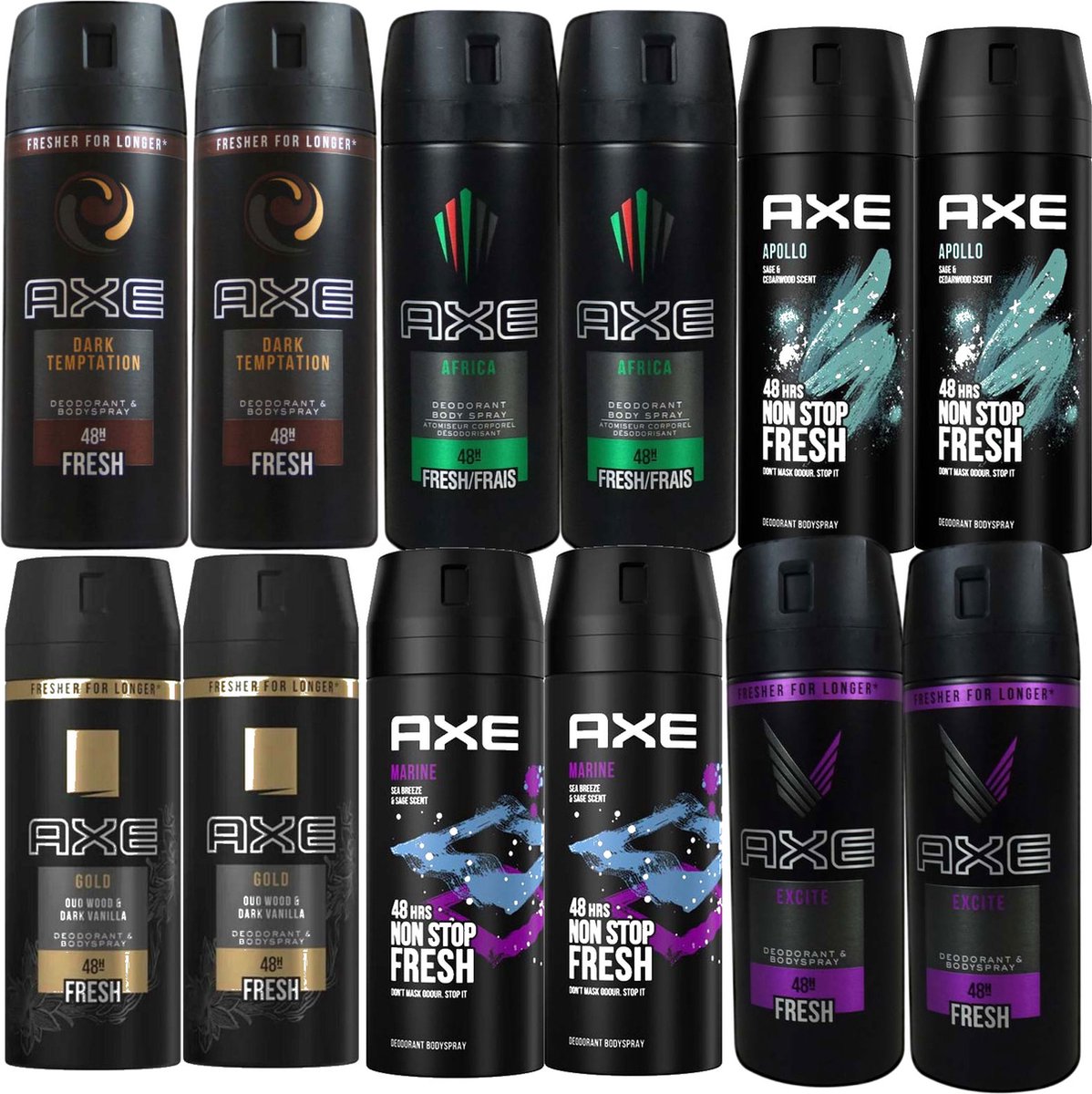 Goedkoopste Axe Deodorant Spray 12 stuks - Voordeelverpakking Deo - 2X Dark Temptation - 2x Africa - 2x Apollo - 2x Gold - 2x Marine - 2x Excite