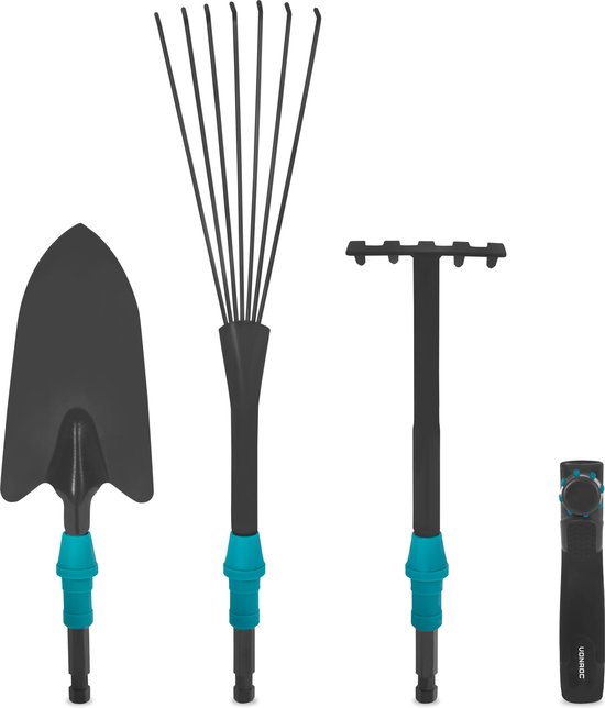 VONROC Premium tuingereedschap set 3-in-1, V-Fix systeem, met bladhark, handhark en schepje – gepoedercoat staal