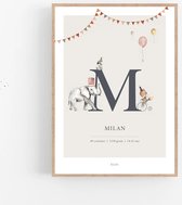 Persoonlijke geboorte poster met naam | Naamposter WILD CIRCUS - 21 x 30 cm - Baby en kinderkamer accessoire - Het perfecte kraamcadeau