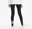Gezichtspunt van achteren van een vrouw in zwarte legging met wit Puma-logo op de zijkant, gedragen met witte sneakers.