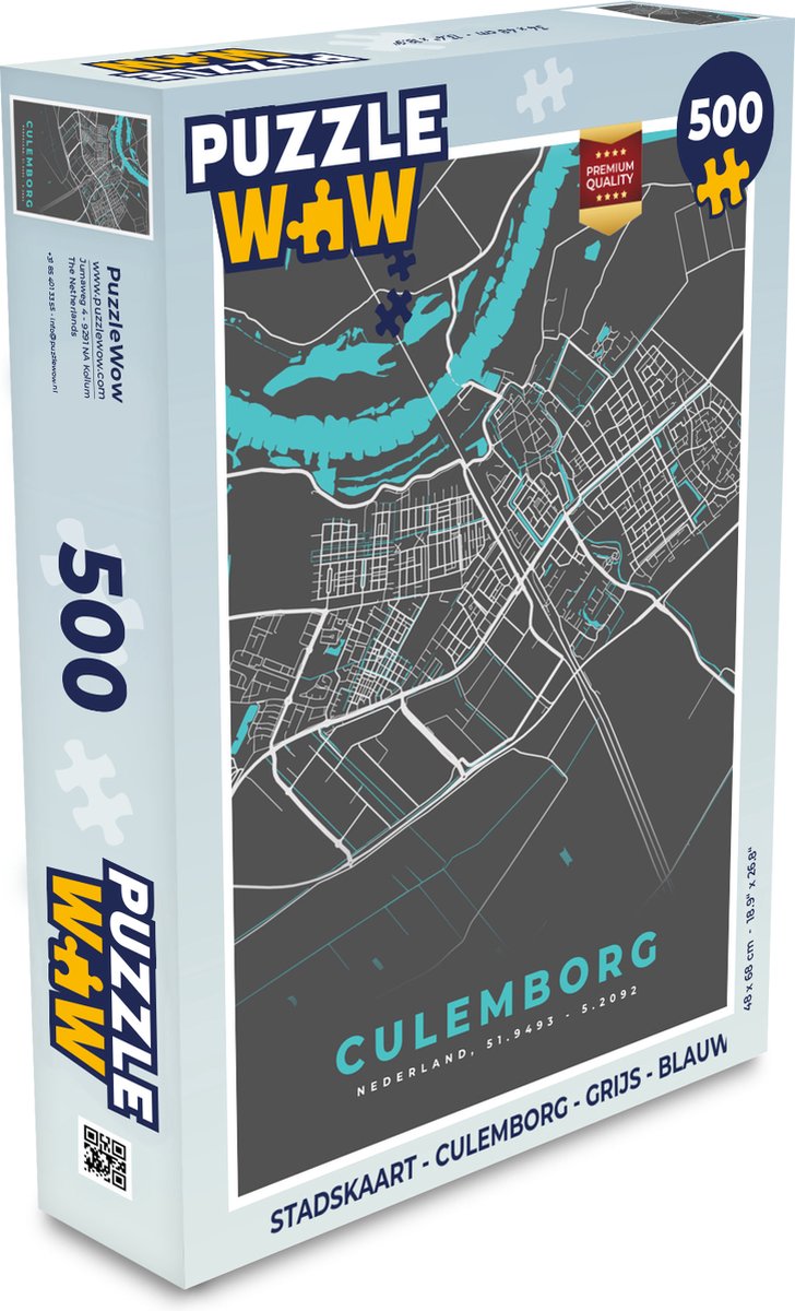 Puzzel Stadskaart - Culemborg - Grijs - Blauw - Legpuzzel - Puzzel 500 stukjes - Plattegrond