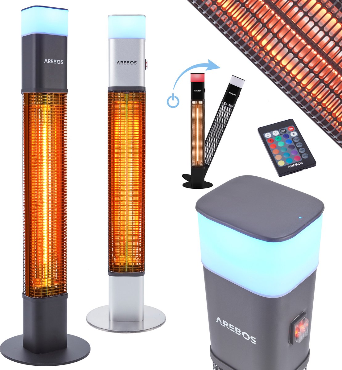 AREBOS Infrarood Verwarming - 1500W - Infrarood Kachel - Terrasverwarmer - Inclusief 16 kleuren LED lampje - met Afstandsbediening - Zwart