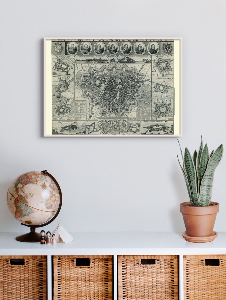 Esque Poster In Witte Lijst - Historische Oude Kaart Groningen - Stadsplattegrond 1652 - 50x70 cm