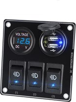 Procar® 3RS-B Dubbele USB Fast charge inbouw oplader met voltmeter + 3x schakelaars - 12/24V - USB 5V3.4A - Blauw