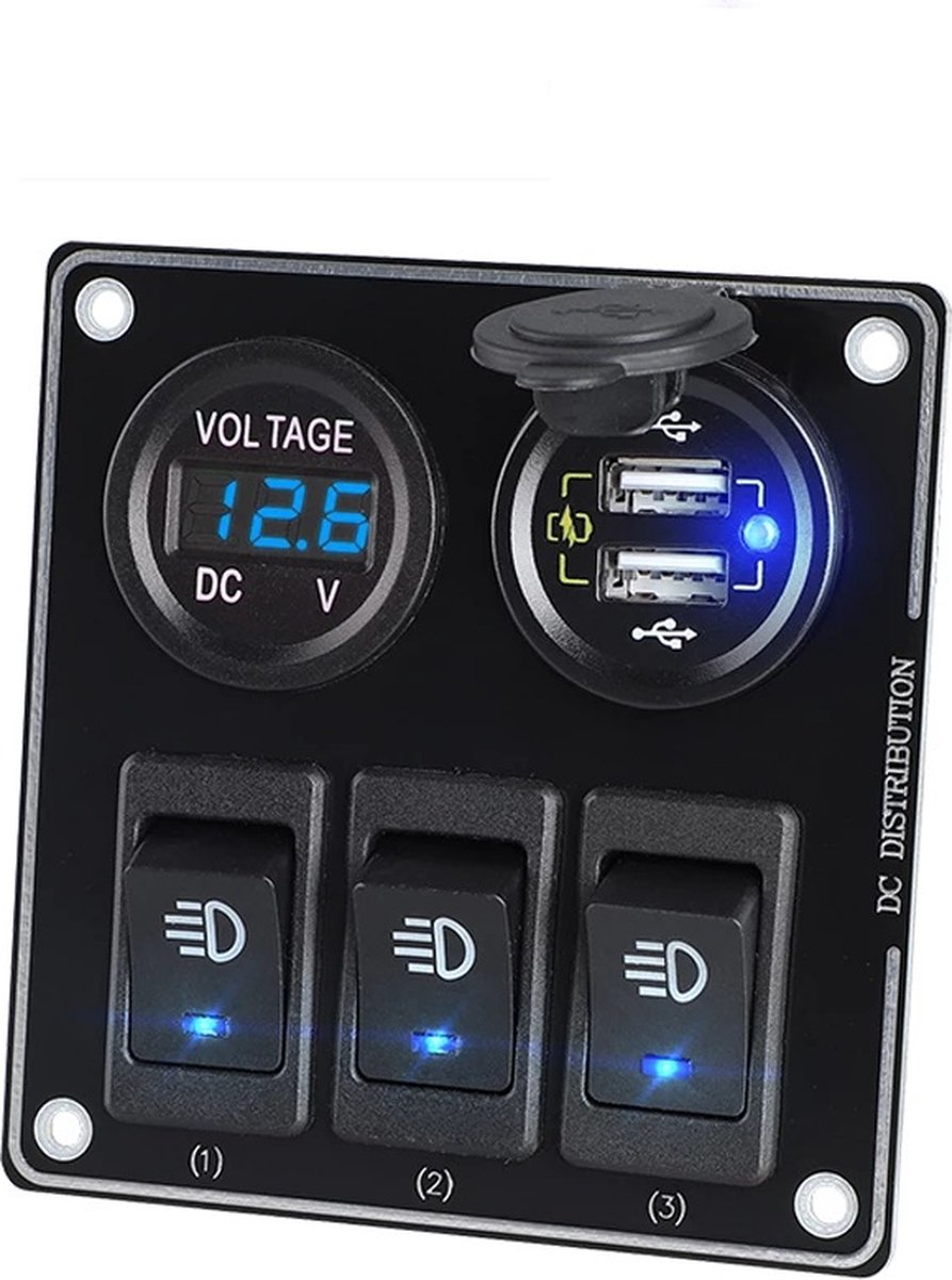 Dubbele USB Fast charge inbouw oplader met voltmeter + 3x schakelaars - 12/24V - USB 5V3.4A - 3RS-B - Blauw