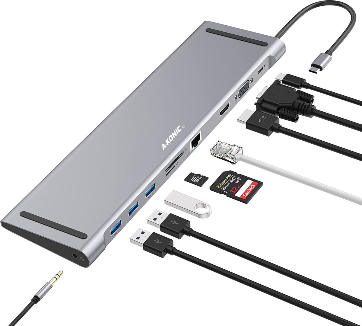 A-KONIC USB-C Laptop Docking Station – 10-in-1 met HDMI, VGA, USB-C Opladen, Gigabit Ethernet RJ45, 3x USB 3.0, Micro / Sd kaartsleuf en meer – Spacegrey
