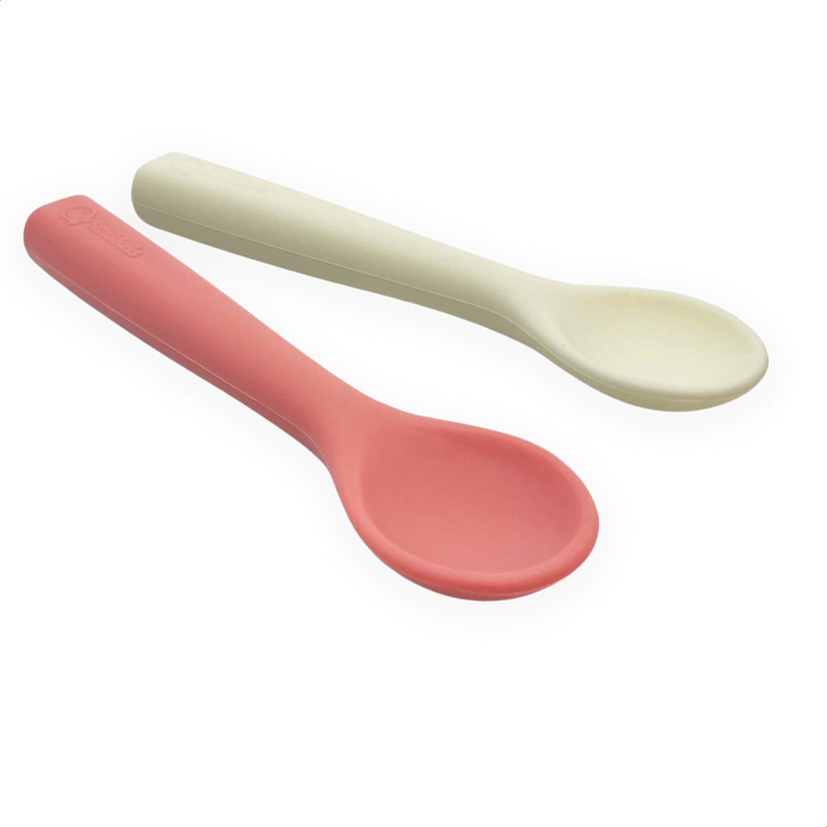 Goedkoopste Smikkels - Zachte set babylepels (2 st) - Baby bestek - Veilig Kinderbestek - Duurzaam - Peuterlepel - BPA vrij - Siliconen - Roze en wit