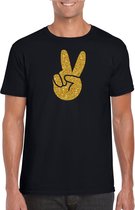 Zwart Flower Power t-shirt gouden glitter peace hand heren - Sixties/jaren 60 kleding XXL