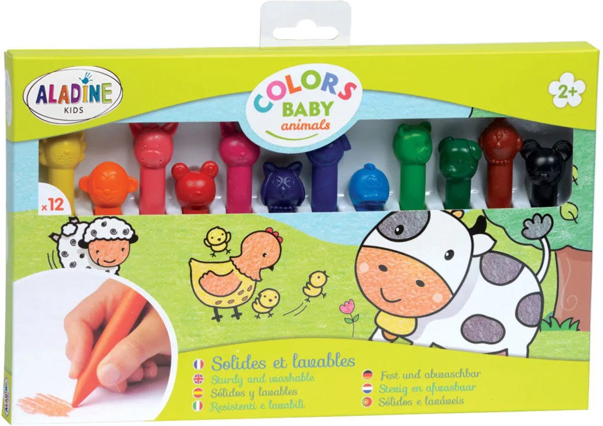 Aladine uitwasbare waskrijtjes dieren set 12 stuks voor kinderen.