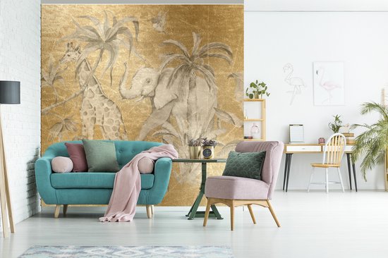 Papier Peint - Papiers Papier peint photo Palmiers - Éléphants - Enfants - Or - Largeur 240 cm x Hauteur 240 cm
