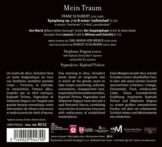 CD-hoes met tekst in drie talen over de muziek "Mein Traum" van Schubert, Weber en Schumann.