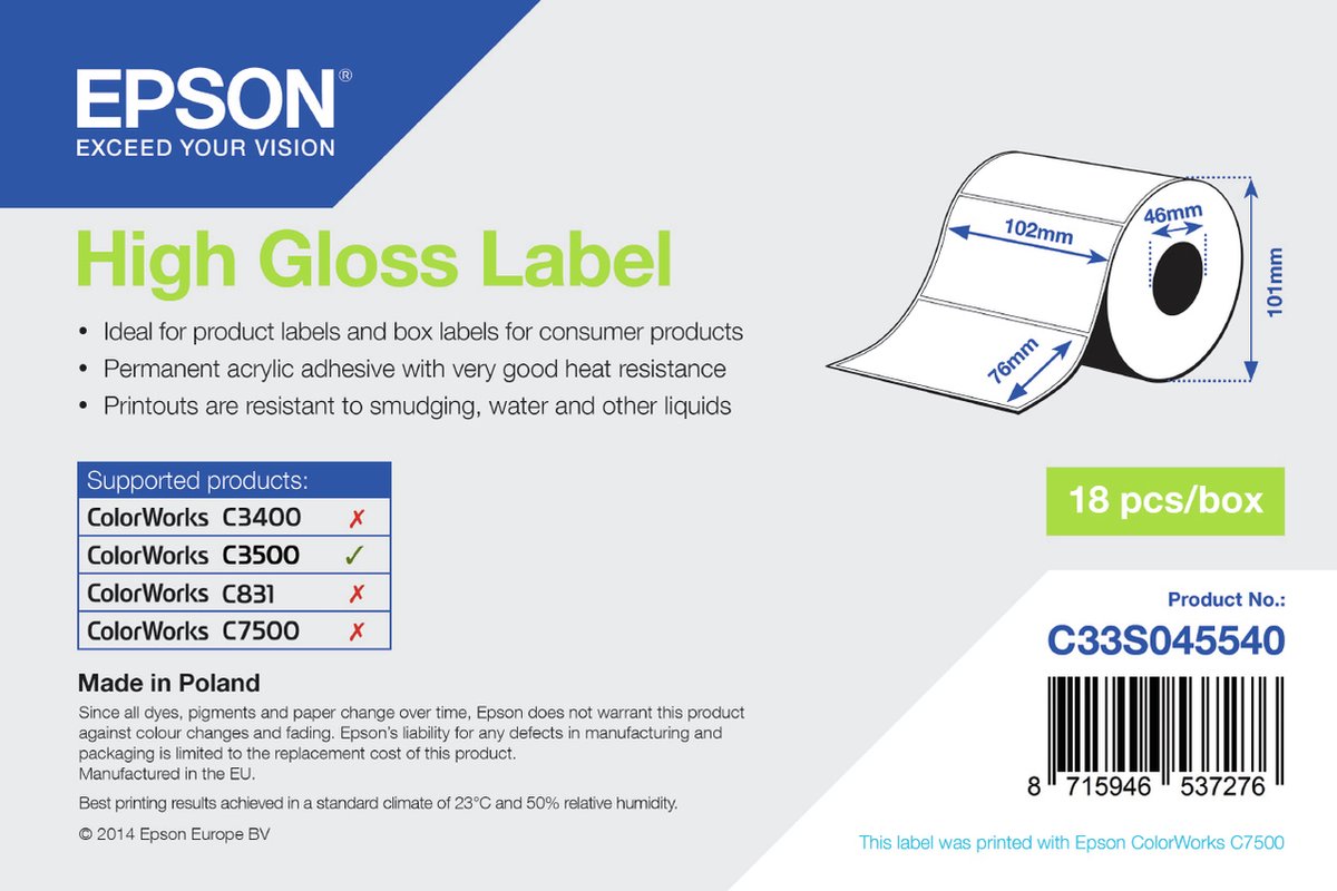 Epson printeretiketten High Gloss Label - Die-cut Roll: 102mm x 76mm, 415 labels