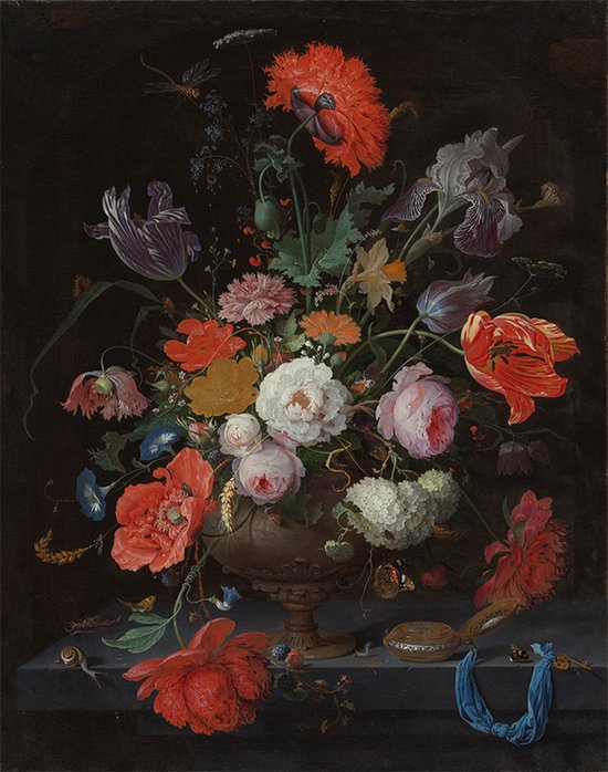 Stilleven met bloemen en een horloge - Abraham Mignon - Foto op plexiglas formaat 40 x 60 cm incl. gratis ophangsysteem - Wanddecoratie