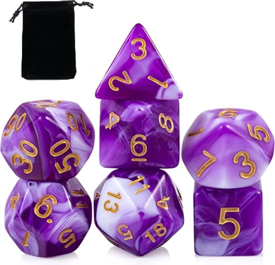 Afbeelding van het spel D&D dice set - DnD dobbelstenen set Paars wit - Dungeons and Dragons dobbelstenen Inclusief velvet bewaarzakje - Polydice