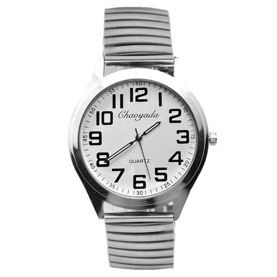 Zilverkleurig horloge met witte wijzerplaat en zwarte Arabische cijfers. Het merk 'Chaoyada' en 'Quartz' staan op de wijzerplaat. Het horloge heeft een rekband.