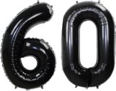 Folie Ballon Cijfer 60 Jaar Zwart Verjaardag Versiering Helium Cijfer Ballonnen Feest versiering Met Rietje - 86Cm