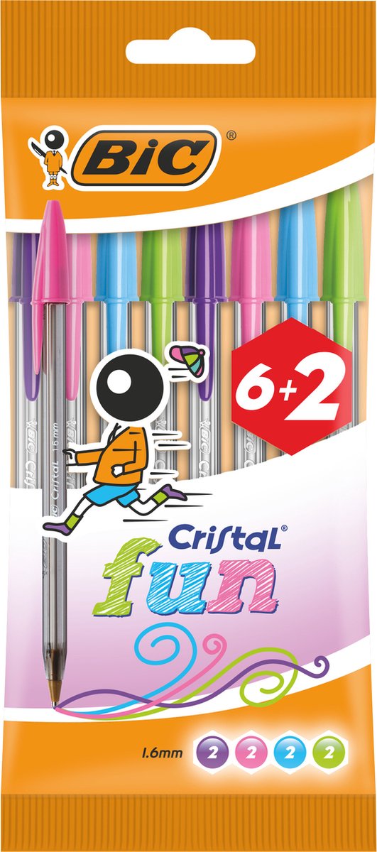 BIC Cristal Fun Balpennen - Verschillende Kleuren - Pak van 8 Stuks - Brede Punt 1.6 mm