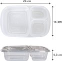 Transparante meal prep bakjes met afmetingen 24x16x5,3 cm. Zonder deksel, met 3 vakjes.