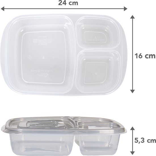Transparante meal prep bakjes met afmetingen 24x16x5,3 cm. Zonder deksel, met 3 vakjes.