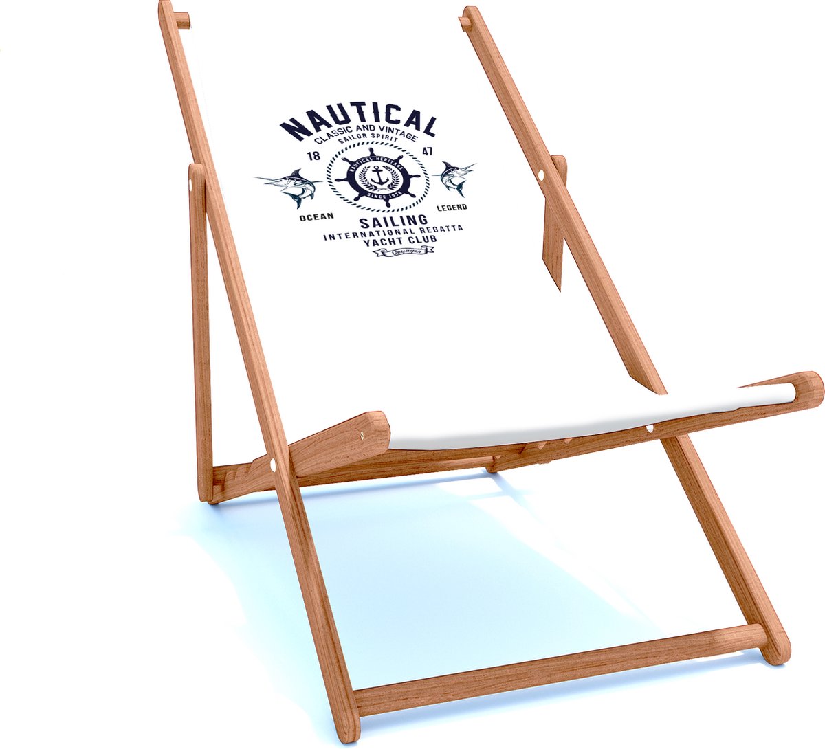 Holtaz Strandstoel Hout Inklapbaar Comfortabele Zonnebed Ligbed met verstelbare Lighoogte houten frame met stoffen Marine
