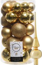 Decoris kerstballen 30x stuks - goud 4/5/6 cm kunststof mat/glans/glitter mix en glans glas piek 26 cm
