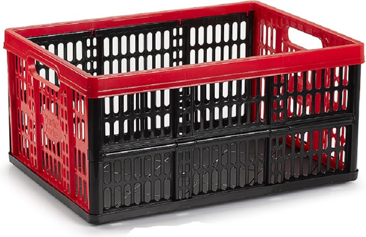 PlasticForte Boodschappenkrat - 1x - 32L - 48 x 35 x 24 cm - vouwkrat - opvouwbaar - zwart/rood