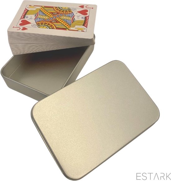 Thumbnail van een extra afbeelding van het spel ESTARK® Luxe Speelkaarten in Metal BOX - Plastic Coating - Poker Kaarten - kaartspel - Spelkaarten - Spel Kaart - 56 Kaarten - Gezelschapsspel - Spelen - Playing Cards - In Blik