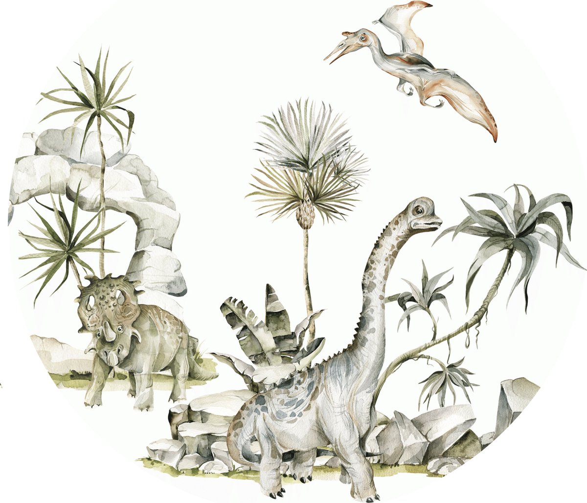 Behangcirkel World of Dinosaurus - Ø 50 cm - Muurcirkel binnen - Wanddecoratie - Dinosaurus - Ronde behangcirkel - PVC-vrij airtex behang - Babykamer en kinderkamer - Babykamer accessoires