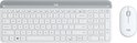 Wit Logitech K470 toetsenbord met Qwertz indeling en M340 muis, van voren gezien.