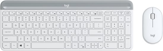 Wit Logitech K470 toetsenbord met Qwertz indeling en M340 muis, van voren gezien.