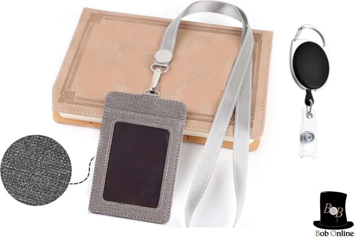 Bob Online ™ - Setje – Lichtgrijs - 1 x PU-leer ID-Badgehouder + 1 x Lanyard (Grijs) + 1 x D-Clip ID Jojo – Set – Light Grey – 1 x PU Leather ID Badge Holder + 1 x Lanyard (Grey) + 1 x D-Clip ID Yoyo – ID Kaarthouder – Nekkoord – Intrekbare ID Jojo