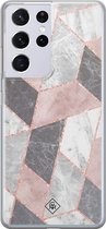 hoesje - Geschikt voor Samsung S21 Ultra - Stone grid marmer / Abstract marble - Backcover - Siliconen/TPU - Roze