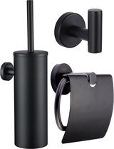 Ensemble d'accessoires de toilette Zwart 3 pièces - Set de Toilettes de Luxe - Brosse de toilette avec support - Porte-rouleau de papier toilette avec couvercle - Crochet pour serviette