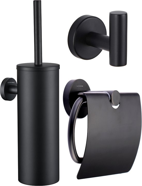 Toiletaccessoireset Zwart 3-delig - Luxe Toilet Set - Toiletborstel met Houder - Toiletrolhouder met klep - Handdoekhaak