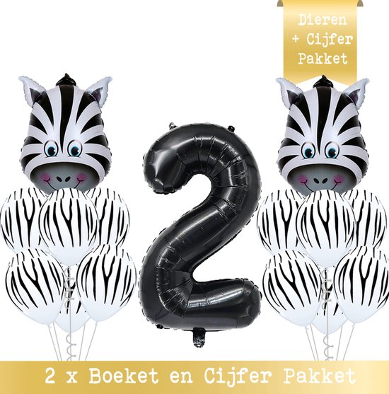 Snoes * Cijfer Ballon 2 Jaar Zebra Jungle Thema Ballon Boeketten Set van 15 Zebra Safari Verjaardag Folie en Latex ballonnen Hoera 2 Jaar Nummer Ballon