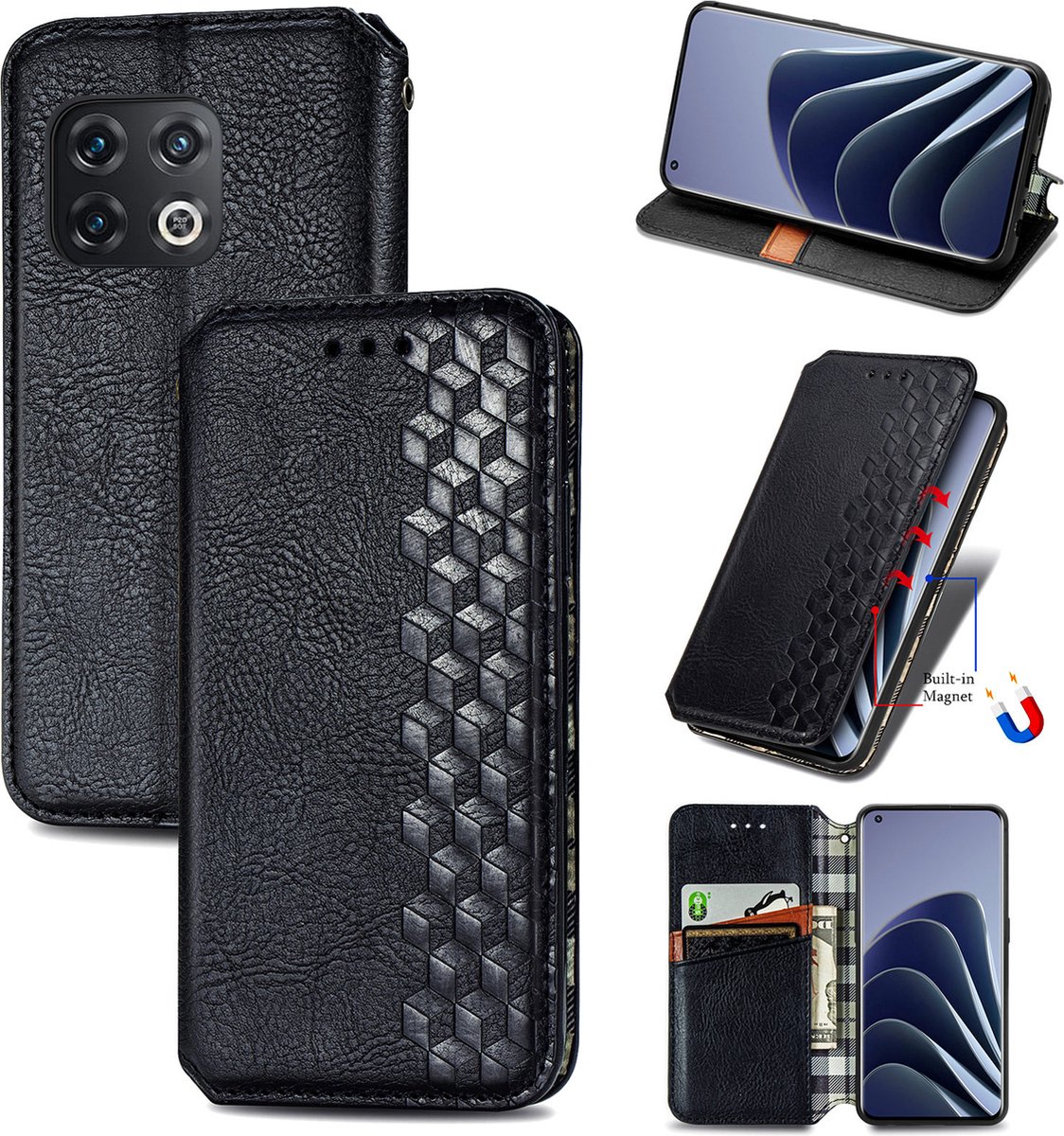 Luxe PU Lederen Ruitpatroon Wallet Case + PMMA Screenprotector voor OnePlus 10 Pro _ Zwart