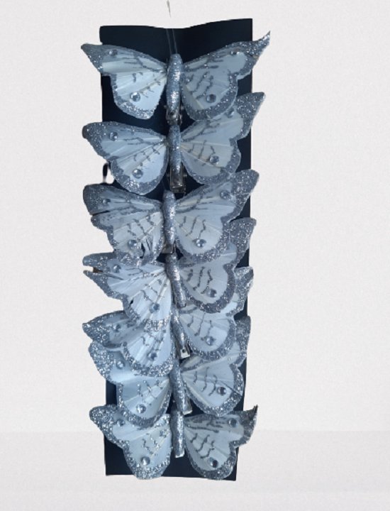 7 Vlinders op clip wit met zilver voor kerstboom vlinders