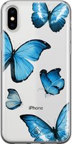 Casimoda® hoesje - Geschikt voor iPhone Xs - Vlinders - Siliconen/TPU telefoonhoesje - Backcover - Transparant - Blauw