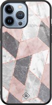 Casimoda® hoesje - Geschikt voor iPhone 13 Pro Max - Stone grid marmer / Abstract marble - Luxe Hard Case Zwart - Backcover telefoonhoesje - Roze