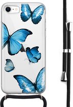 Casimoda® hoesje met koord - Geschikt voor iPhone SE (2020) - Blauwe Vlinders - Afneembaar koord - Siliconen/TPU - Blauw