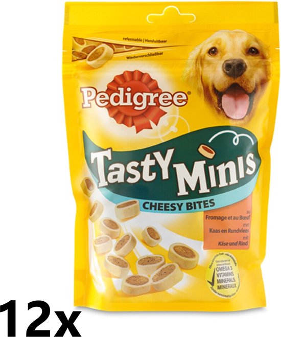 Pedigree Tasty Mini's Cheesy Bites Kaas & Rund 12x140g bol