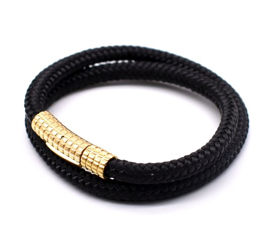 Armband zwart 19.5cm - Touwarmband met gouden hoogglans sluiting heren en dames - met Cadeauverpakking van Mauro Vinci