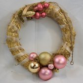 Kerstkrans - hangkrans - roze - goud - stro - kunststof - hangend - Ø 30 cm