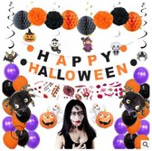 Halloween feestset - 46 stuks - Halloween decoratie - Halloween ballonnen - Halloween banner - Tatoeagestickers - pompoen ballon - spinnen ballonnen