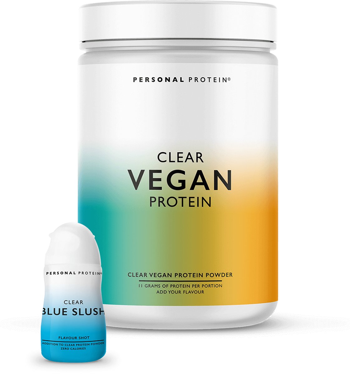 Personal Protein® – Clear Vegan Protein – Vegan Eiwitshake / Vegan Protein Water / Proteïnedrank – Suikervrij / Vetvrij – 320 gram (20 shakes) + Blue Slush Flavour Shot